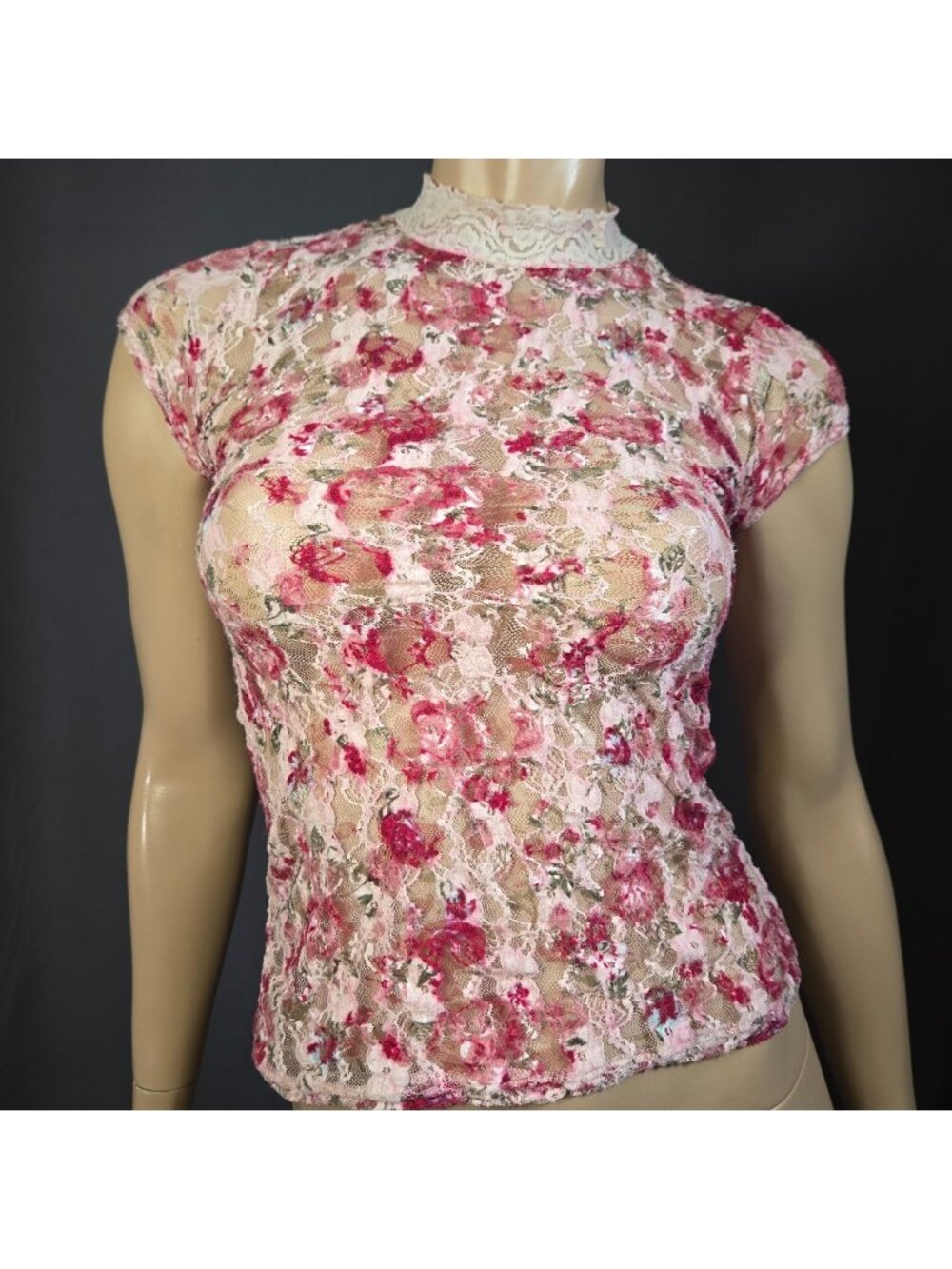 Y2K Sheer Lace Pink Floral Top Size S Cap sleeves Fitted Fairy Coquette Boho